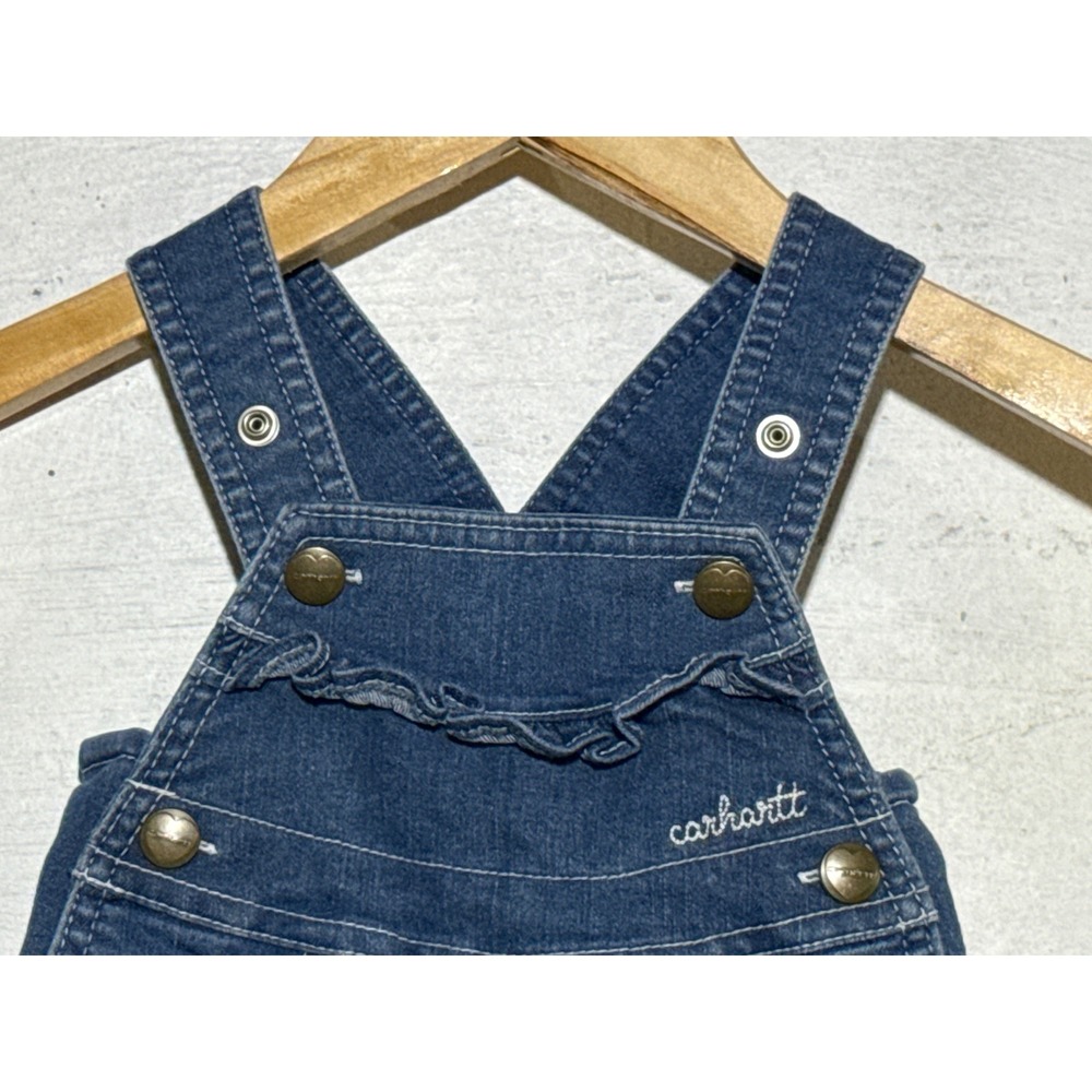 Carhartt Girls Denim Ruffle Shortall Overalls 3M Blue Cotton Stretch Americana - Picture 2 of 8